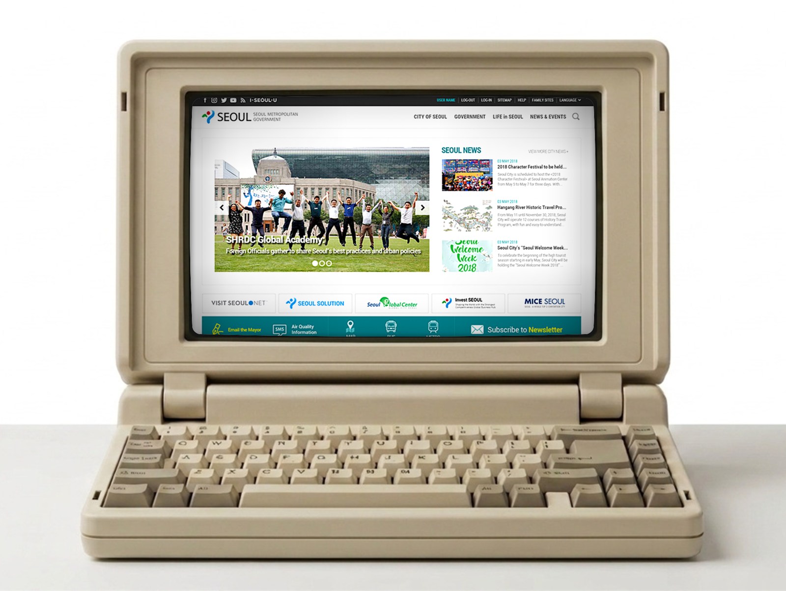 Seoul Metropolitan Government website on a retro laptop